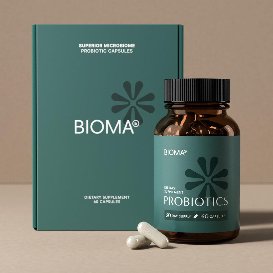 Bioma probiotics bottle and box, labeled 60 capsules